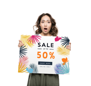 Female holding sale sign